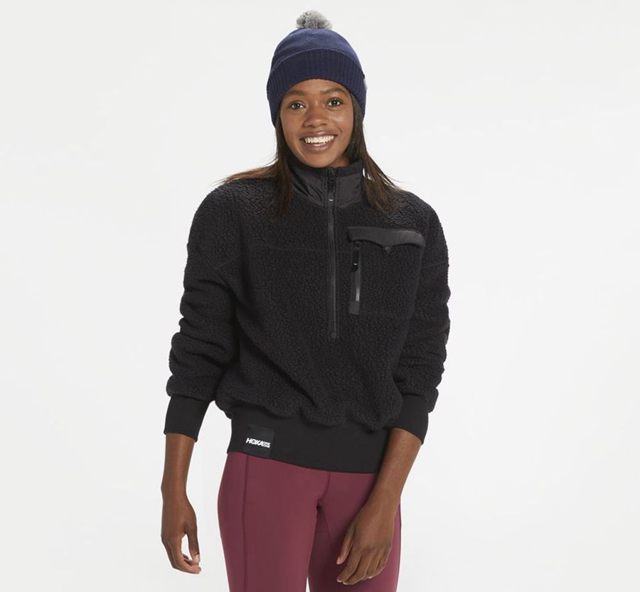 Hoka Womens Jackets NZ - Hoka Fleece Sky Pullover Black (MOY987502)